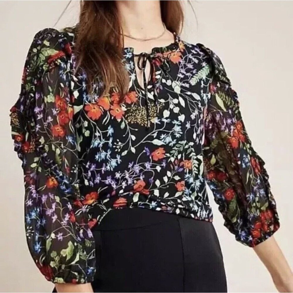 Anthropologie Maeve Floral Blouse with Sheer Gathered Sleeves - Picture 2 of 16